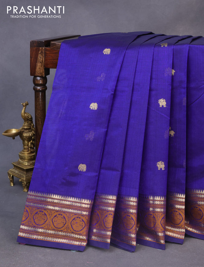 Kanjivaram silk cotton saree blue with zari woven buttas and thread & zari woven border