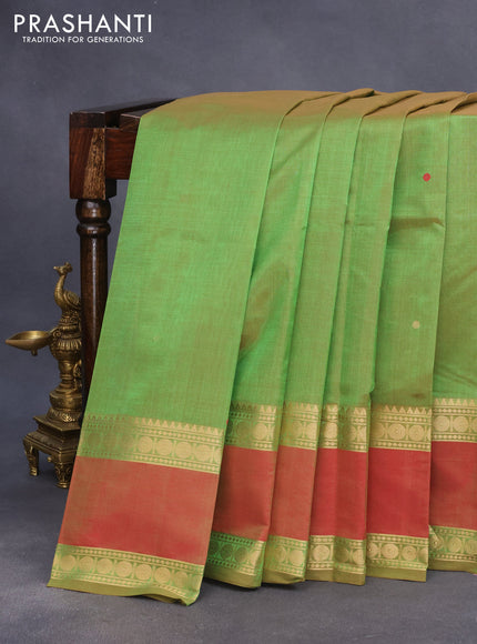 Kanjivaram silk cotton saree light green and maroon with woven buttas and rettapet zari woven border