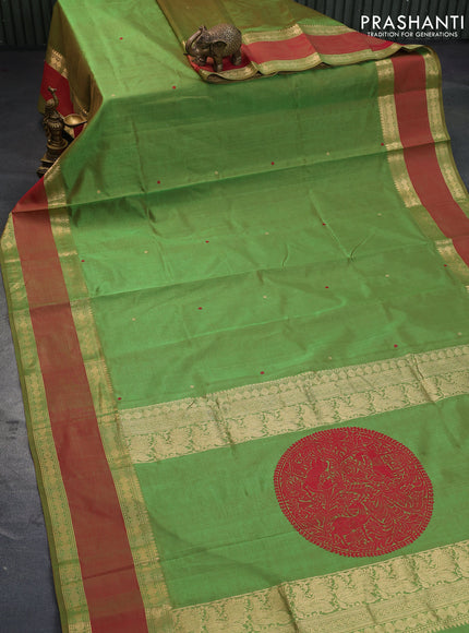 Kanjivaram silk cotton saree light green and maroon with woven buttas and rettapet zari woven border