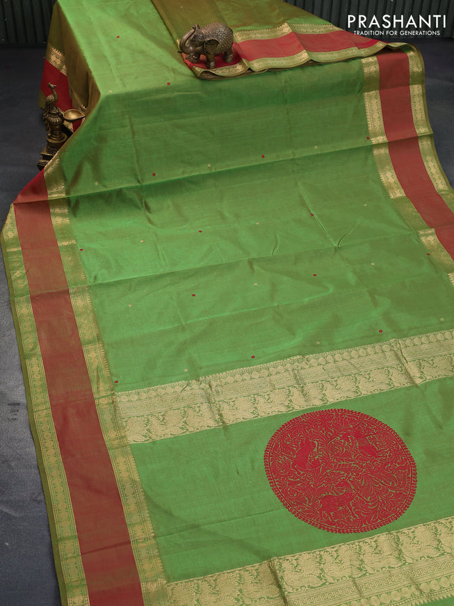 Kanjivaram silk cotton saree light green and maroon with woven buttas and rettapet zari woven border