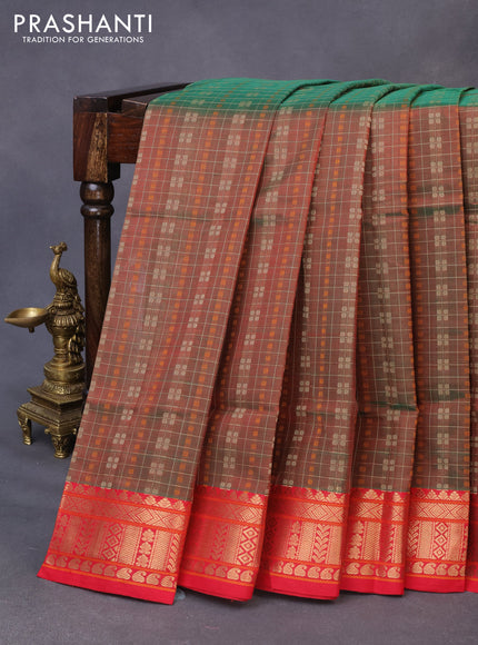 Kanjivaram silk cotton saree dual shade of maroonish green and red with allover thread checks & buttas and zari woven border