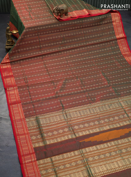 Kanjivaram silk cotton saree dual shade of maroonish green and red with allover thread checks & buttas and zari woven border