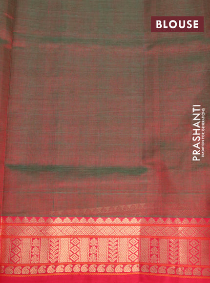 Kanjivaram silk cotton saree dual shade of maroonish green and red with allover thread checks & buttas and zari woven border