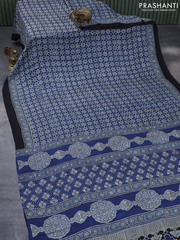 Modal silk saree indigo blue and black with allover ajrakh prints and printed border