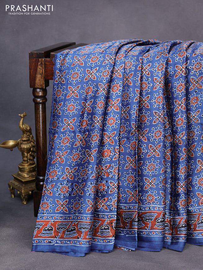 Modal silk saree blue and maroon with allover ajrakh prints and printed border