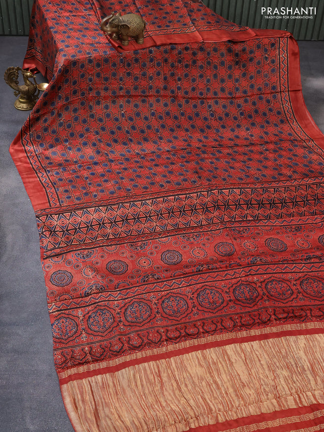 Modal silk saree maroon with allover ajrakh prints and simple border