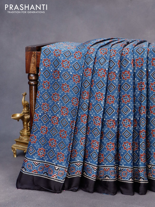 Modal silk saree blue and black with allover ajrakh prints and printed border