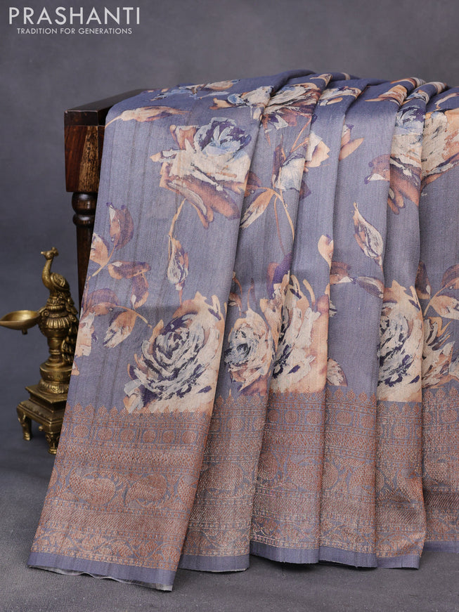 Banarasi tussar silk saree grey with allover floral digital prints and banarasi style border