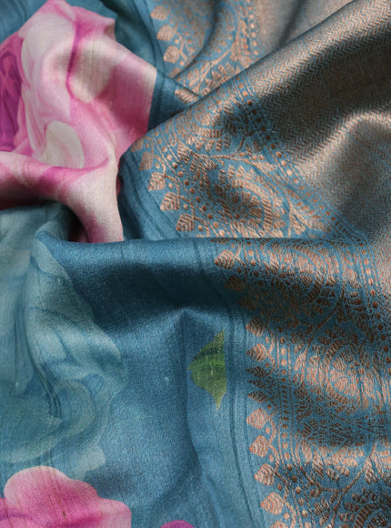 Banarasi tussar silk saree teal blue shade with allover floral digital prints and banarasi style border