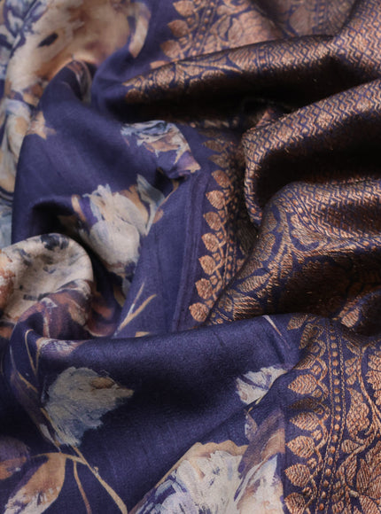 Banarasi tussar silk saree dark navy blue with allover floral digital prints and banarasi style border