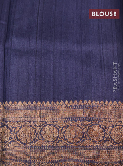 Banarasi tussar silk saree dark navy blue with allover floral digital prints and banarasi style border