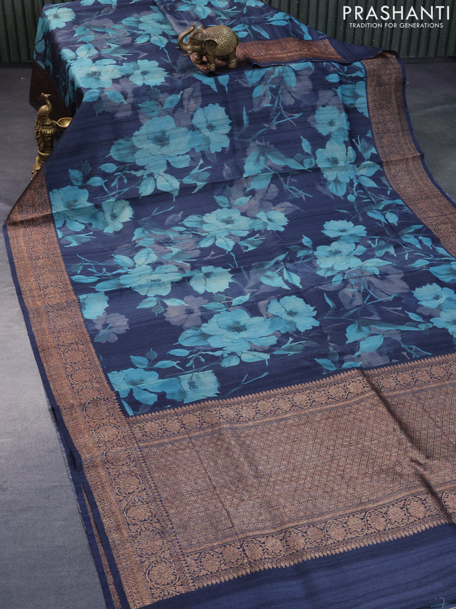 Banarasi tussar silk saree dark grey with allover floral digital prints and banarasi style border