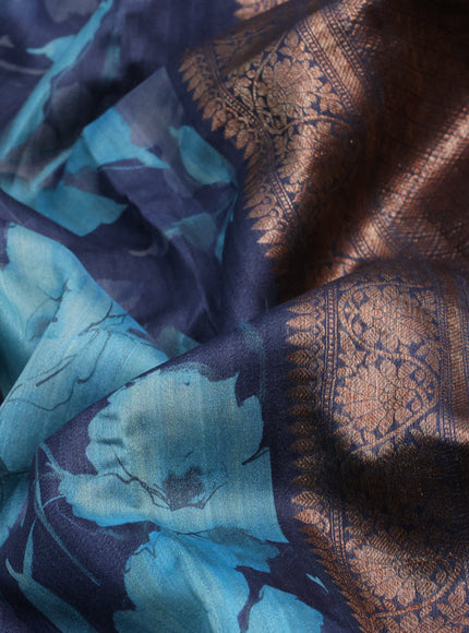 Banarasi tussar silk saree dark grey with allover floral digital prints and banarasi style border