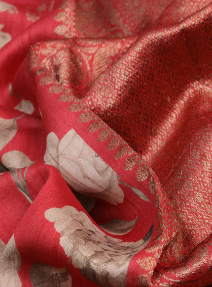 Banarasi tussar silk saree red with allover floral digital prints and banarasi style border