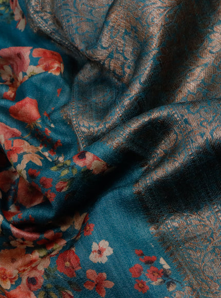 Banarasi tussar silk saree teal blue shade with allover floral digital prints and banarasi style border