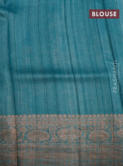 Banarasi tussar silk saree teal blue shade with allover floral digital prints and banarasi style border