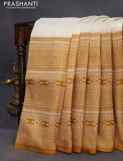 Bishnupuri silk saree cream and mustard shade with plain body and printed border