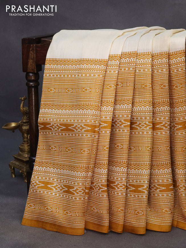 Bishnupuri silk saree cream and mustard shade with plain body and printed border