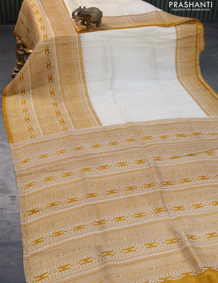 Bishnupuri silk saree cream and mustard shade with plain body and printed border