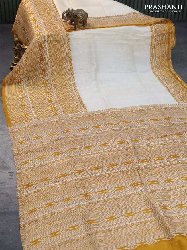 Bishnupuri silk saree cream and mustard shade with plain body and printed border