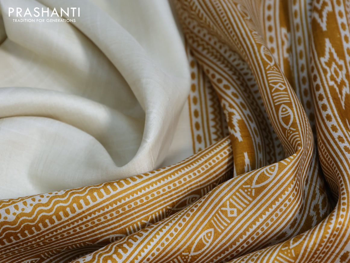 Bishnupuri silk saree cream and mustard shade with plain body and printed border