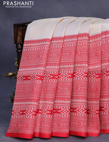 Bishnupuri silk saree cream and red with plain body and printed border