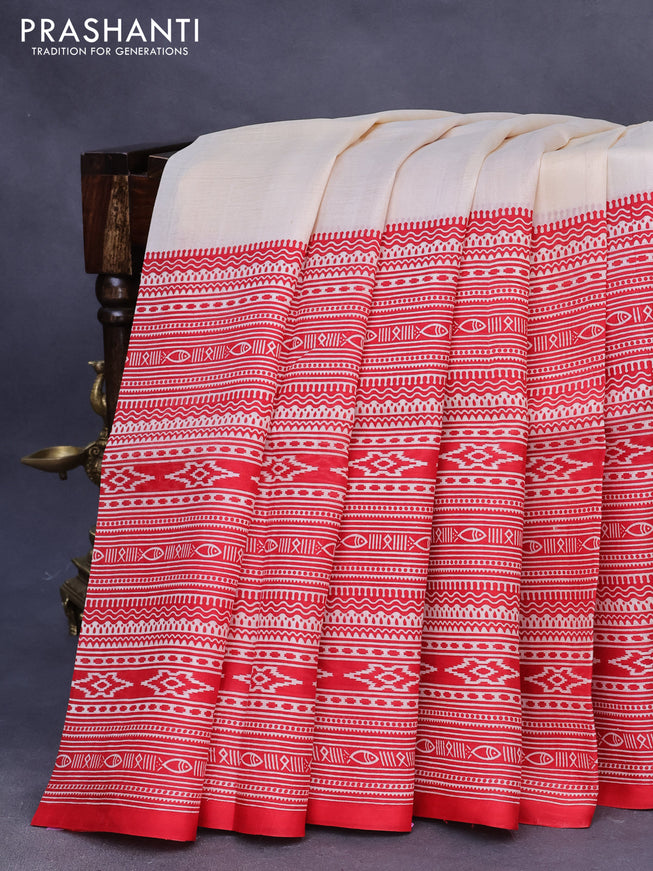 Bishnupuri silk saree cream and red with plain body and printed border