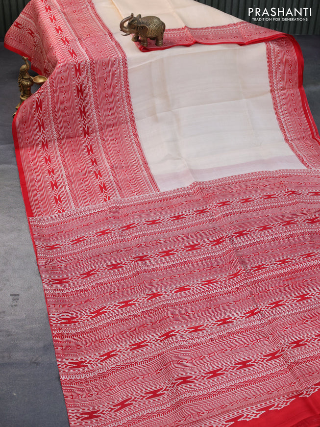 Bishnupuri silk saree cream and red with plain body and printed border