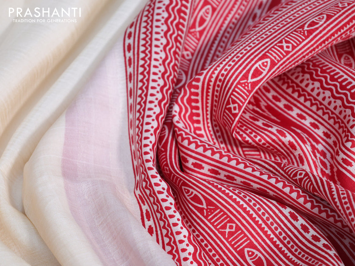 Bishnupuri silk saree cream and red with plain body and printed border