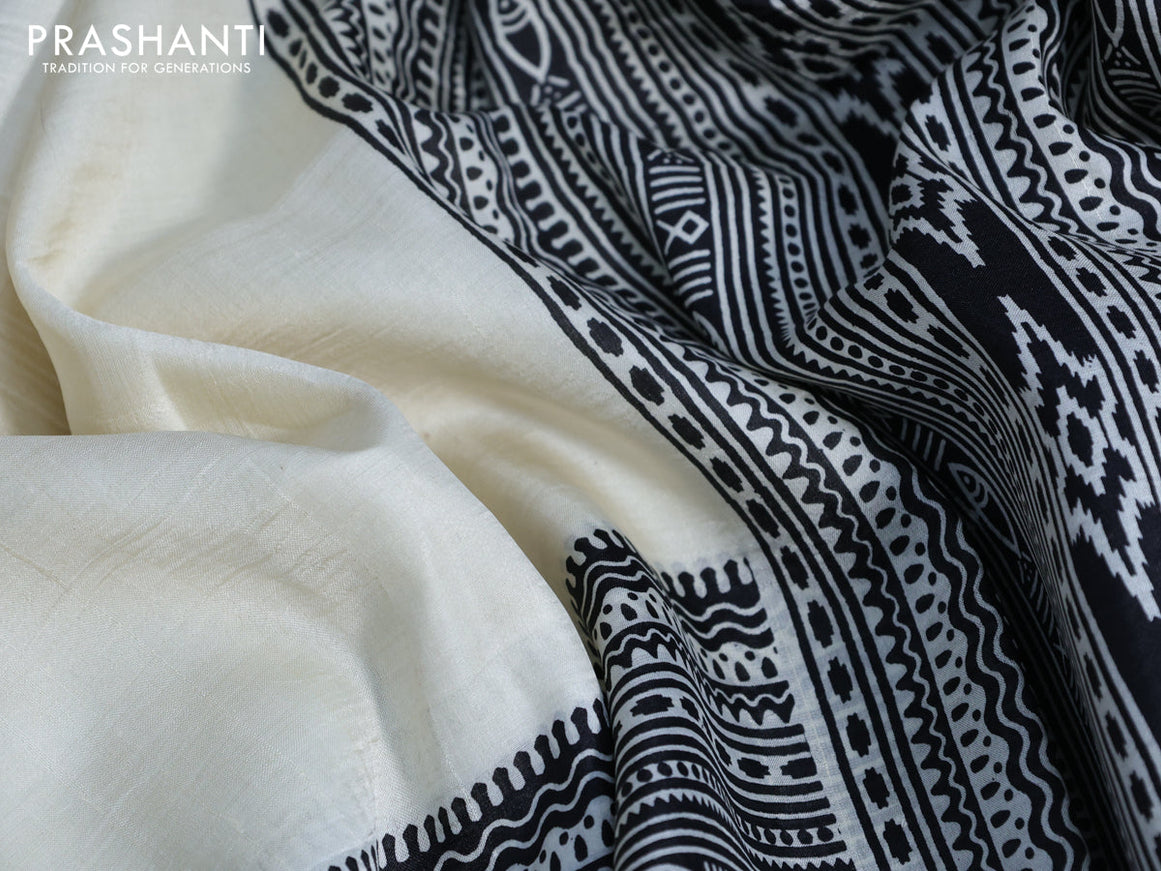 Bishnupuri silk saree cream and black with plain body and printed border