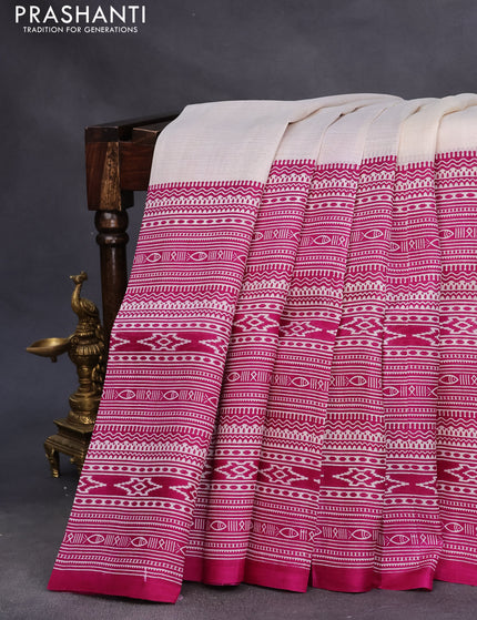 Bishnupuri silk saree cream and dark magenta pink with plain body and printed border