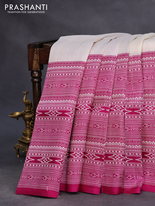 Bishnupuri silk saree cream and dark magenta pink with plain body and printed border