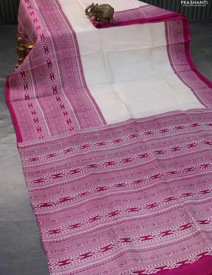 Bishnupuri silk saree cream and dark magenta pink with plain body and printed border