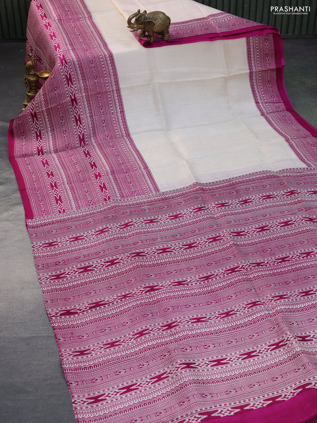 Bishnupuri silk saree cream and dark magenta pink with plain body and printed border