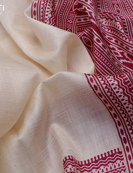 Bishnupuri silk saree cream and dark magenta pink with plain body and printed border