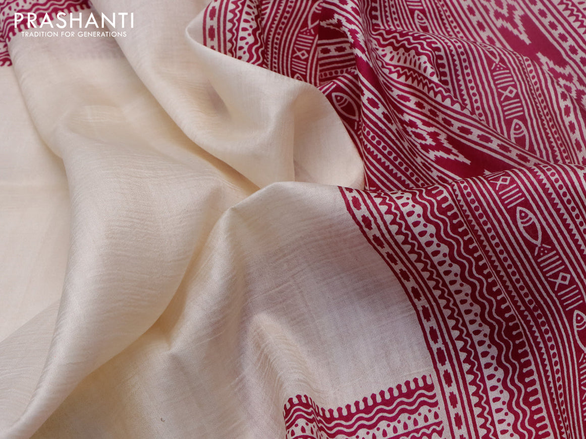 Bishnupuri silk saree cream and dark magenta pink with plain body and printed border