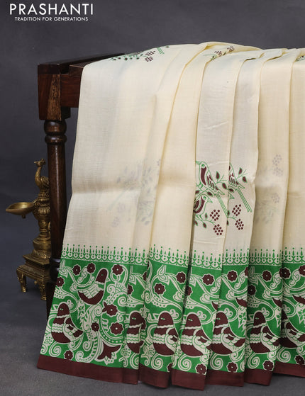 Bishnupuri silk saree cream and green with butta prints and printed border