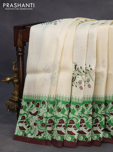 Bishnupuri silk saree cream and green with butta prints and printed border