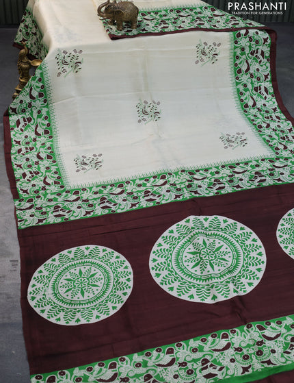 Bishnupuri silk saree cream and green with butta prints and printed border