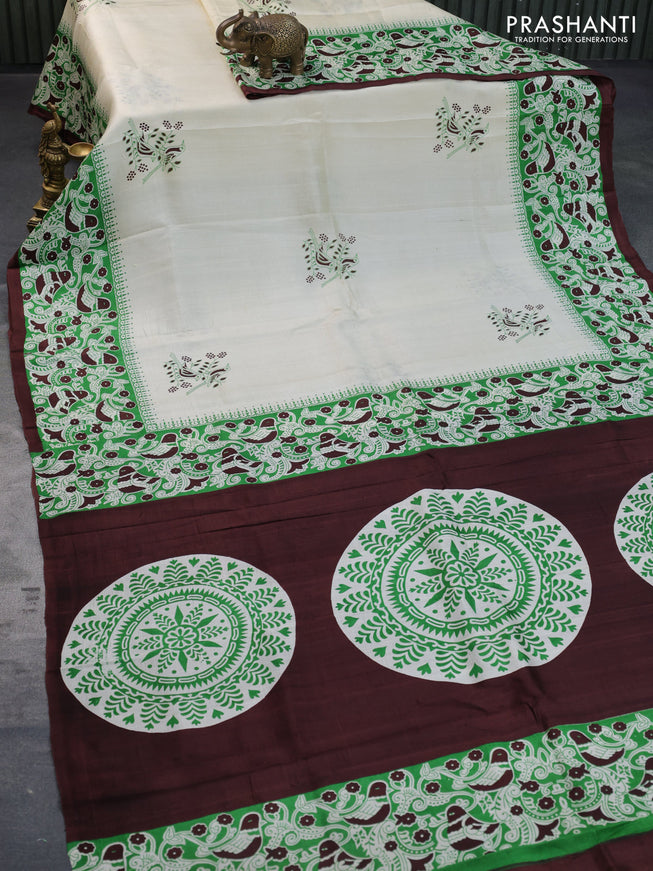 Bishnupuri silk saree cream and green with butta prints and printed border