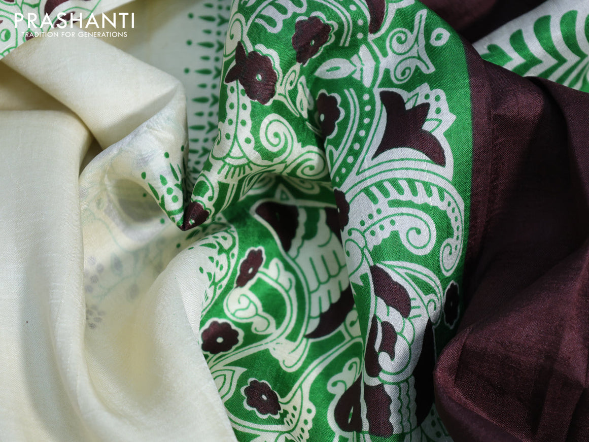 Bishnupuri silk saree cream and green with butta prints and printed border