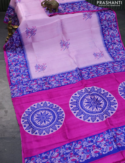 Bishnupuri silk saree lotus pink and blue with butta prints and printed border