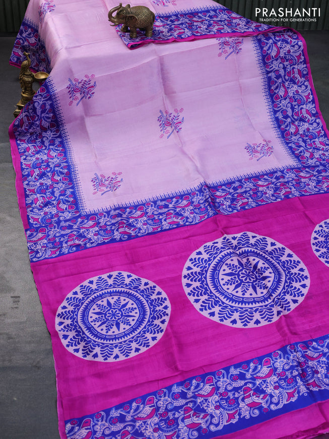 Bishnupuri silk saree lotus pink and blue with butta prints and printed border