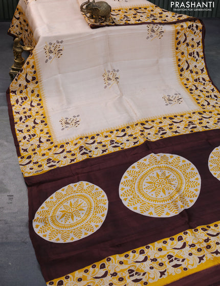 Bishnupuri silk saree sandal and yellow brown with butta prints and printed border