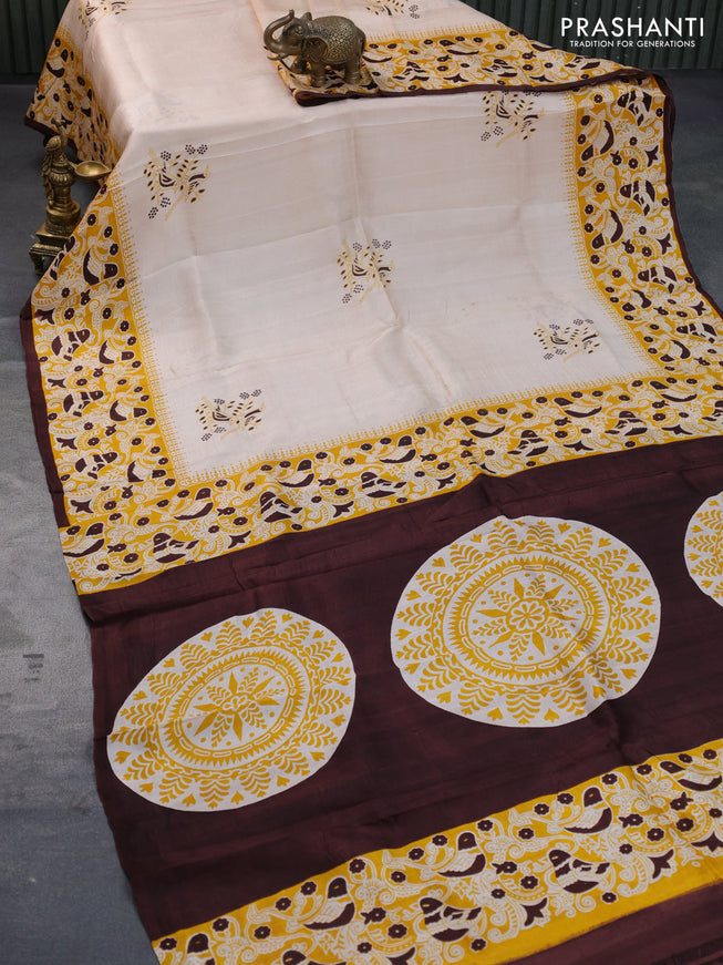 Bishnupuri silk saree sandal and yellow brown with butta prints and printed border