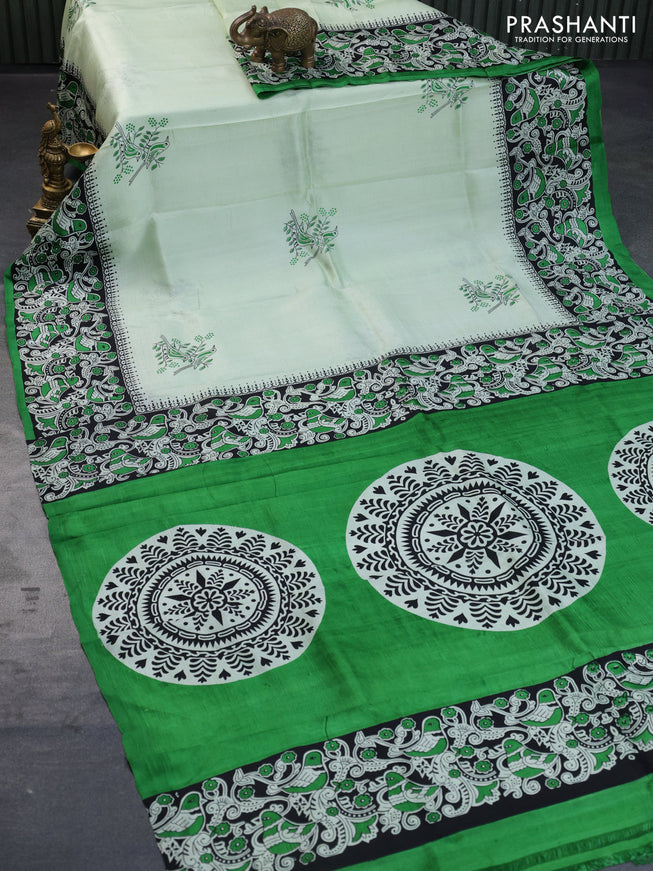 Bishnupuri silk saree pista green and black green with butta prints and printed border