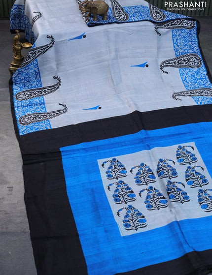 Bishnupuri silk saree pastel grey and black with butta prints and printed border