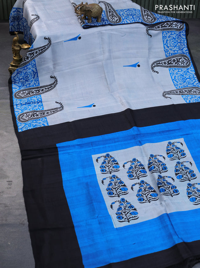 Bishnupuri silk saree pastel grey and black with butta prints and printed border