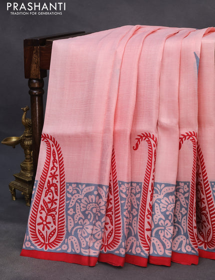 Bishnupuri silk saree peach pink and red with butta prints and printed border