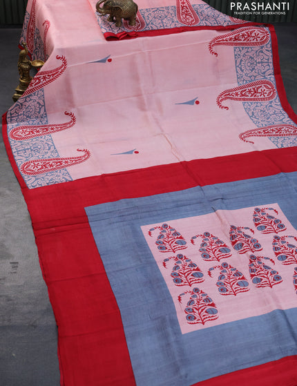 Bishnupuri silk saree peach pink and red with butta prints and printed border